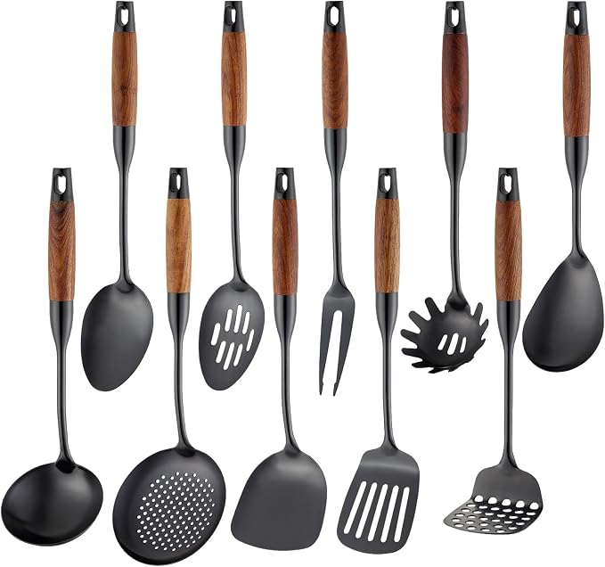 Izurok18/10 Stainless Steel Kitchen Utensils Set,10 Piece Cooking Utensils With Wood Handle,Heat Resistant Kitchen Tool Set With Spatula,Spoon,Ladle,Skimmer,Slotted Turners,Pasta,Turner,Ladl,Fork by IzurokBuynow