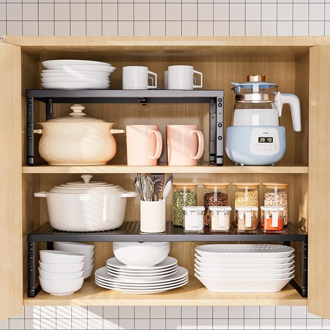 Expandable Adjustable Stackable Kitchen Organizer,Pantry Storage Shelves Racks,for cabinets Shelf, Kitchens, countertops, bathrooms,RV(1Pack/Black,Medium) - Image 9