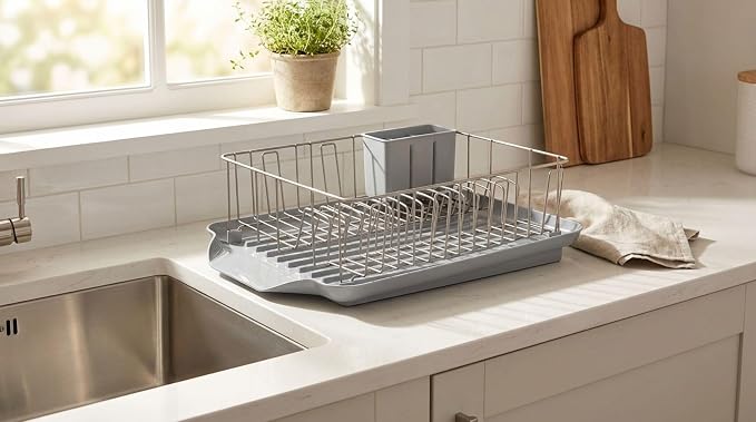 Farberware Classic 3-Piece Dish Drying Rack Set, Gray - Rust-Resistant Dish Rack for Kitchen Counter with Self-Draining Board and Flatware Caddy - Image 5