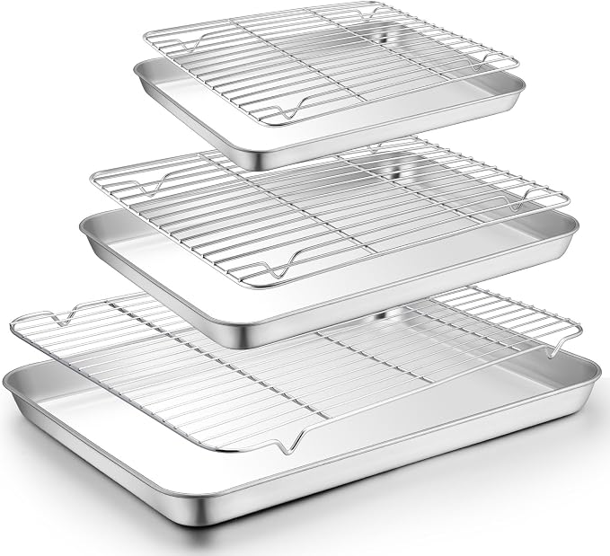TeamFar Baking Sheet with Rack Set, 3 Pans + 3 Racks, 19.6/16/12.5 Inch | Stainless Steel Cookie Sheets Baking Pans Trays and Cooling Racks for Cooking, Non-Toxic & Heavy Duty, Dishwasher Safe by TeamFar