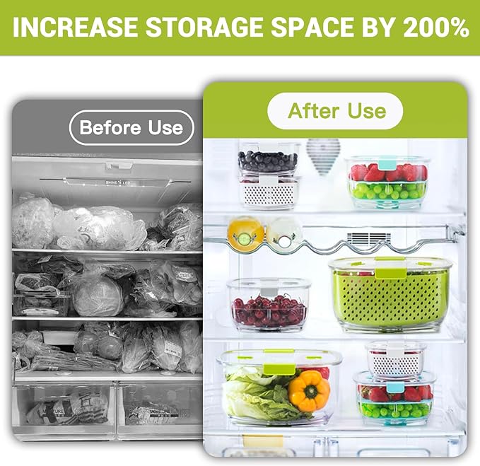 LUXEAR Fresh Produce Vegetable Fruit Storage Containers 3Piece Set, BPA-free Fridge Storage Container, Partitioned Salad Container, Fridge Organizers, Used in Storing Fruits Vegetables, Green - Image 2