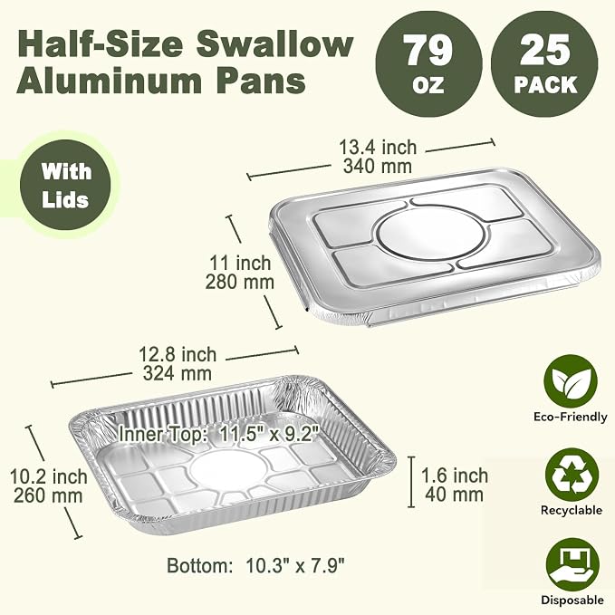 Half Size Shallow Steam Table Pans with Foil Lids, 25 Pack - Image 2