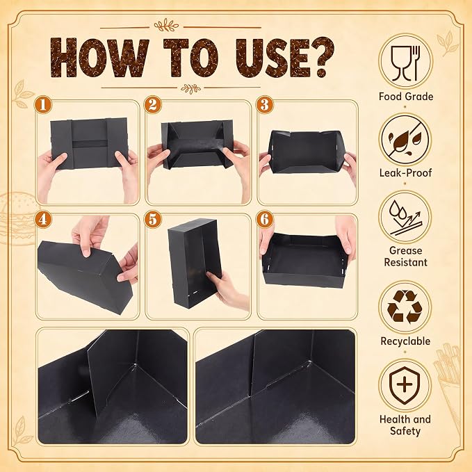 Potchen 200 Pcs Kraft Food Trays 4 Corner Pop up Food Tray Disposable Foldable Cardboard Movie Night Snack Trays Party Container Box for Holding Drink at Stadiums or Theaters (Black) - Image 5