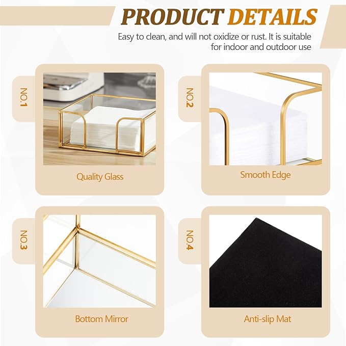 LemonRoad 1 Pcs Square Gold Napkin Holder for Table 5.7 x 5.7 Inch Decorative Cocktail Napkin Holder Glass Flat Paper Basket for Kitchen Dining Buffet Bar Counter Wedding Party Restaurant Bar Hotel - Image 4