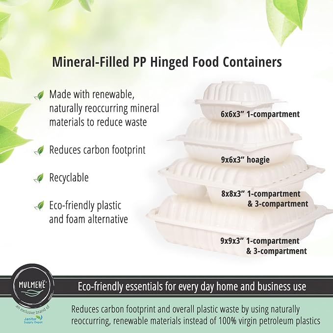 MULMEHË Mineral Filled Polypropylene Plastic Hinged Take Out Food Containers, 6x6x3, Vented Single Compartment, Natural White, 250 per Case - Image 3