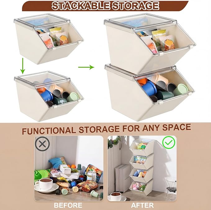 Yerliker 6 Pcs 4 Pcs Stackable Storage Bins with Lids Organizer, White - Image 4