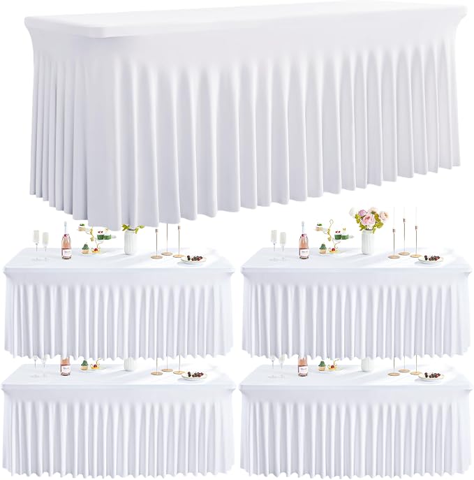 Spandex Tablecloth 8FT Rectangle Table Cover 4 Pack White Wrinkle-Free by Outpain