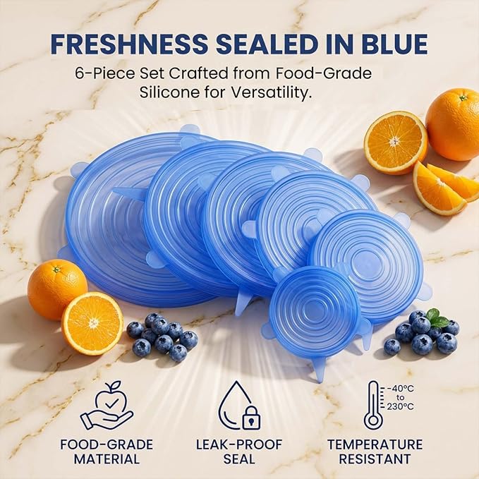 Silicone Stretch Lids 6 Pack Reusable Food Storage Covers, Blue+White 2 Set | 6 Reusable Silicone Stretch Lids • Flexible Fit • Food Storage • Microwave & Freezer Safe • Multi-Size Kitchen Covers - Image 5