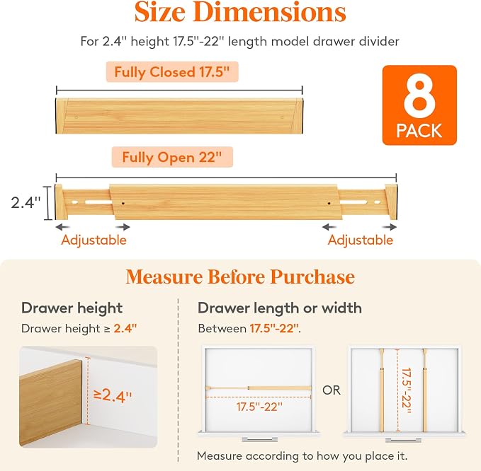 Lifewit 2.4" Kitchen Drawer Dividers, Adjustable Bamboo Drawer Organizers - Image 3