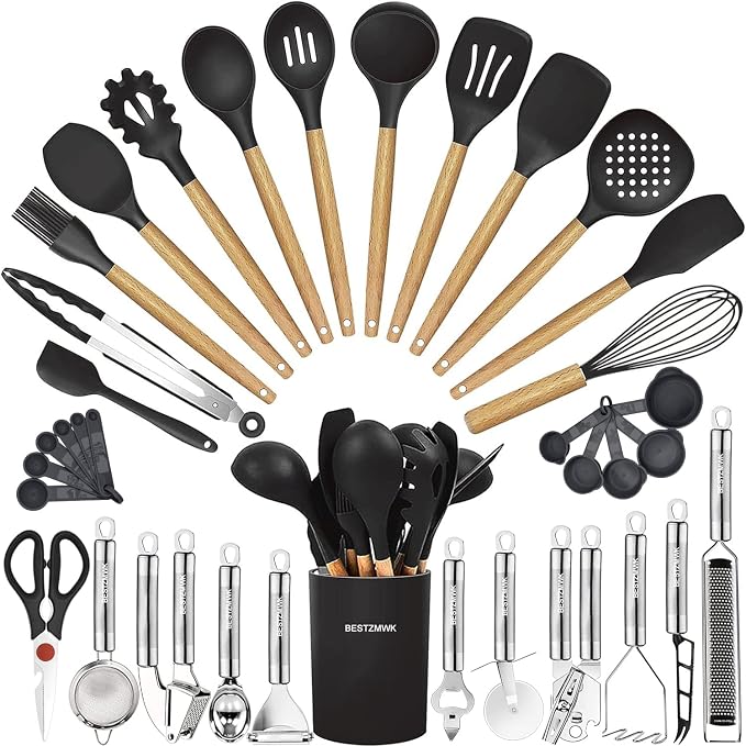 Cooking Utensils Set- 35 PCs Kitchen Utensils with Grater,Tongs, Spoon Spatula &Turner Made of Heat Resistant Food Grade Silicone and Wooden Handles Kitchen Gadgets Tools Set for Nonstick Cookware by BESTZMWK