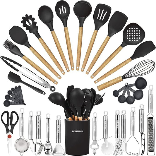 Cooking Utensils Set- 35 PCs Kitchen Utensils with Grater,Tongs, Spoon Spatula &Turner Made of Heat Resistant Food Grade Silicone and Wooden Handles Kitchen Gadgets Tools Set for Nonstick Cookware by BESTZMWK