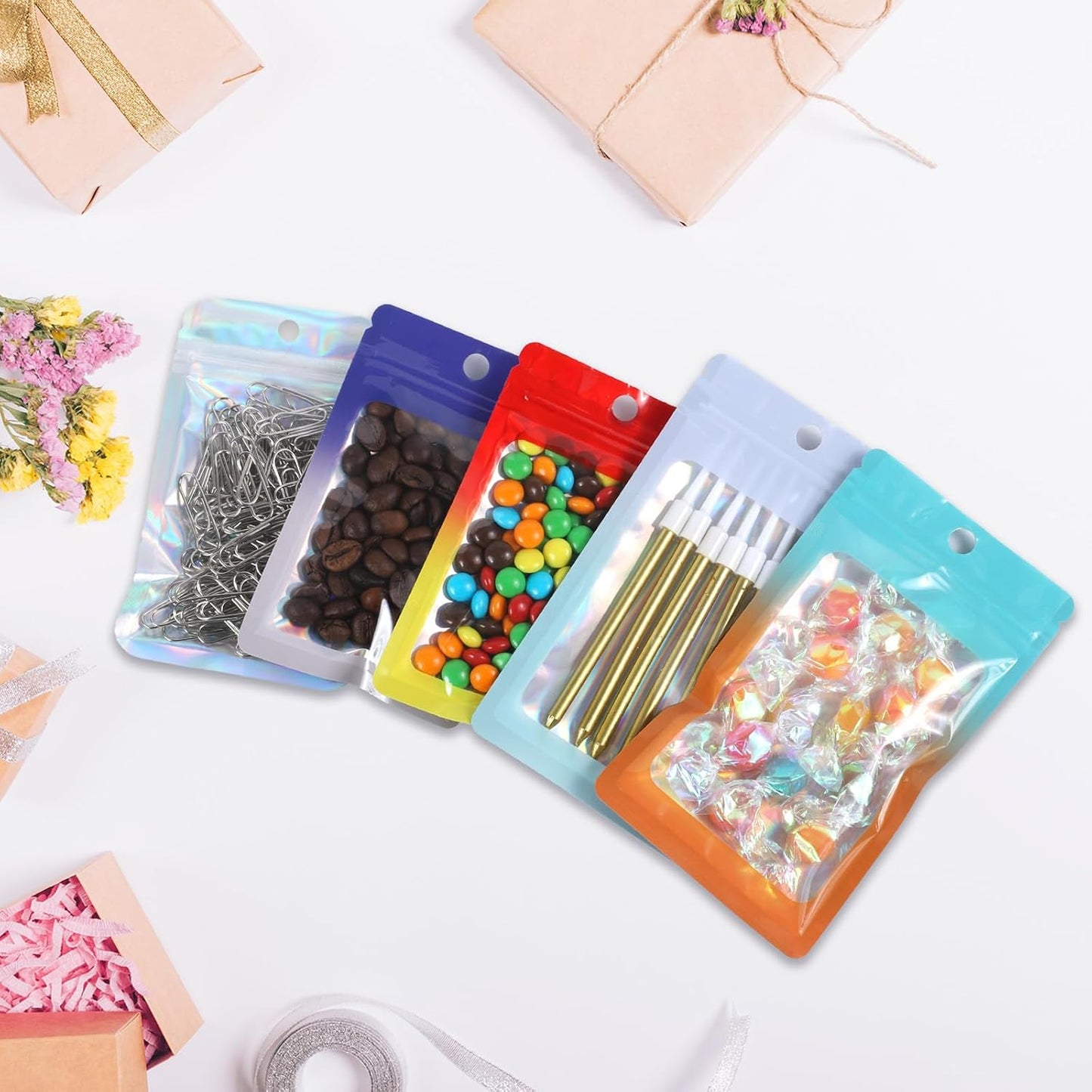 200 Pack Resealable Mylar Holographic Bags Food Storage Smell Proof Bags with Front Window Foil Packaging Pouch for Candy Sample Jewelry Small Business 4.72×7.87 Inch, Blue