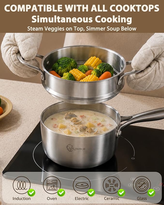 LOLYKITCH 1.5-Quart Stainless Steel Saucepan with Steamer & Glass Lid - Image 4