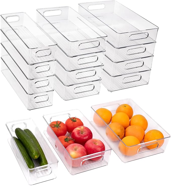 12 Pack Refrigerator Organizer Bins | 3 Sizes Stackable Clear Pantry Storage with Handles for Fridge, Freezer, Shelves, Drawer, Snack Organizer for Home & Kitchen by ZHOHO+TANT