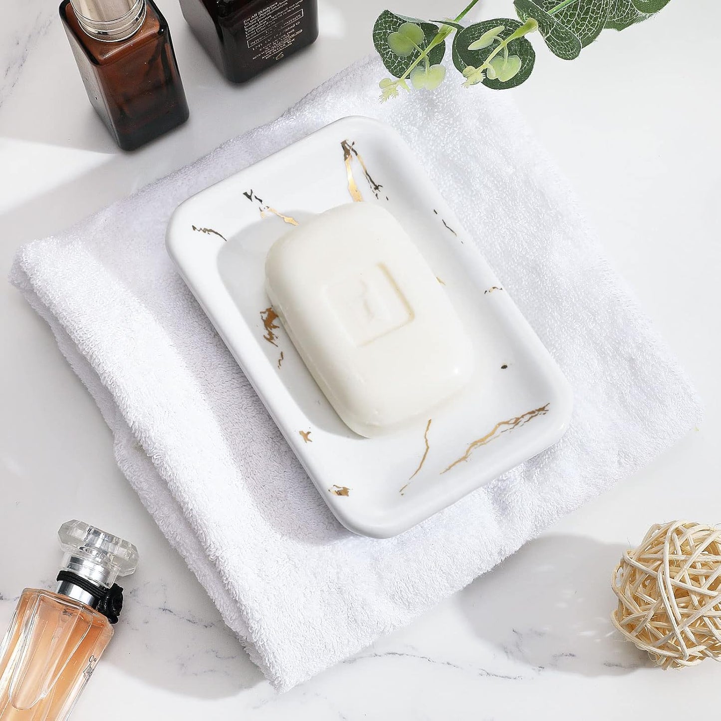 Shinowa Ceramic Soap Dish,Double Soap Holder with Drain,Porcelain Self Draining Soap Dish,Bar Soap Holder for Shower Bathroom Kitchen,Keeps Soap Dry,Easy Cleaning, White