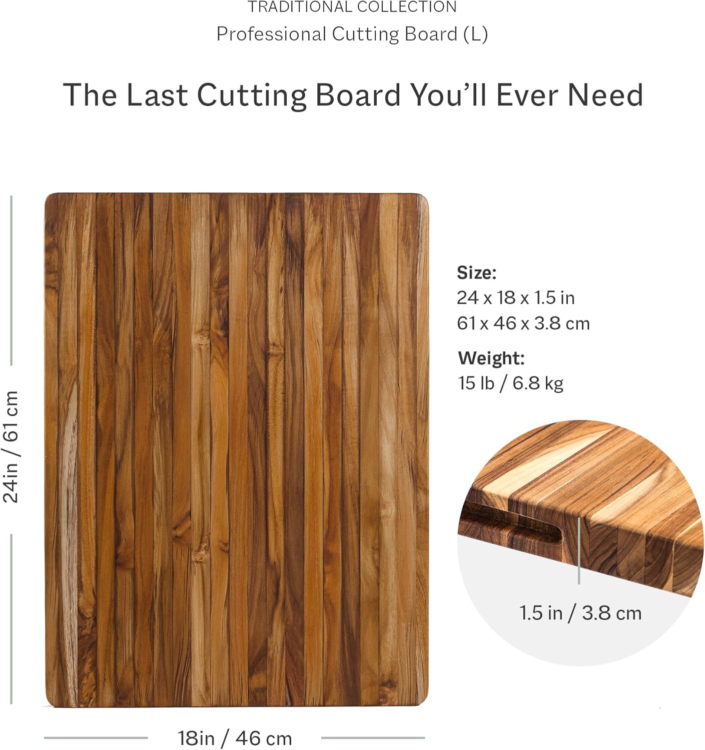 Teakhaus Cutting Board - Extra Large (XL) Wood Cutting Board with Grip Handles - Reversible Teak Edge Grain Wood - Knife Friendly - FSC Certified