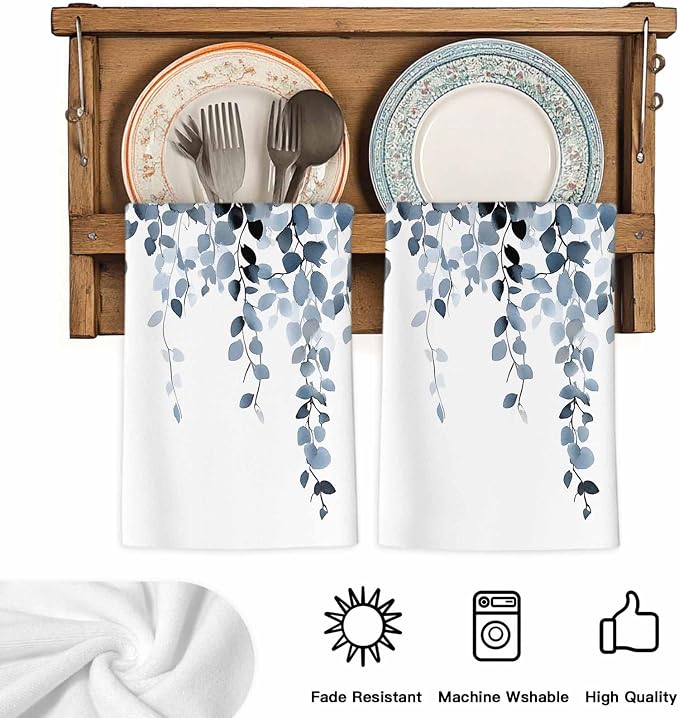 Blue Grey Eucalyptus Kitchen Towels Set of 3, Absorbent Dish Towels for Kitchen, Spring Summer Botanical Plants Chic Microfiber Hand Towel, Quick Drying Tea Towel for Cleaning Decorative Dishcloths - Image 5