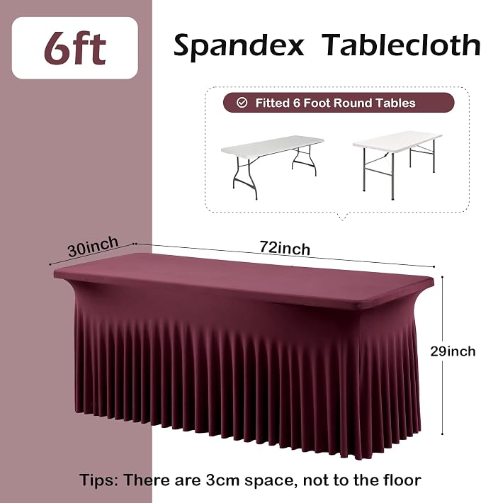 2 pk Burgundy Spandex Tablecloth 6ft with Ruffled Tables,Wrinkle Free High-Stretch Fitted Table Cloths for 6 Foot Rectangle Tables,Elastic Maroon Spandex Table Covers 6 ft for Weddings Banquet Dinning - Image 4