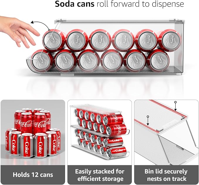 Sorbus Soda Can Organizer for Refrigerator & Egg Holder for Fridge Set, 1 Stackable Can Holder Dispenser Holds 12 Cans Each & 1 Egg Holders with Lid holds 14 eggs for Fridge, Pantry, Freezer, BPA-Free - Image 6