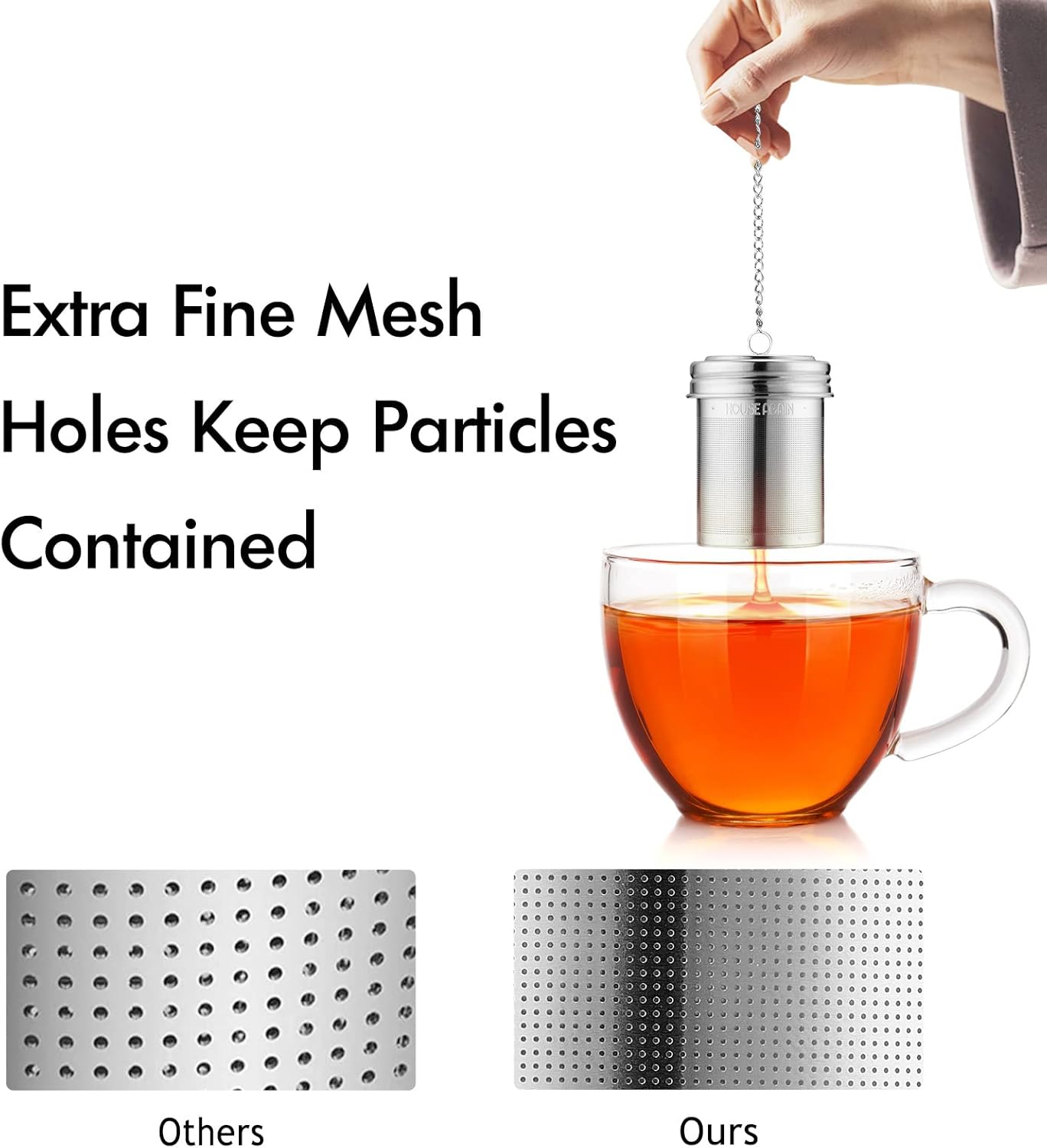 House Again Tea Infuser (2 Pack, Large + Small), Extra Fine Mesh Tea Strainers for Loose Tea, 18/8 Stainless Steel Tea Strainer with Extended Chain Hook, Tea Steeper