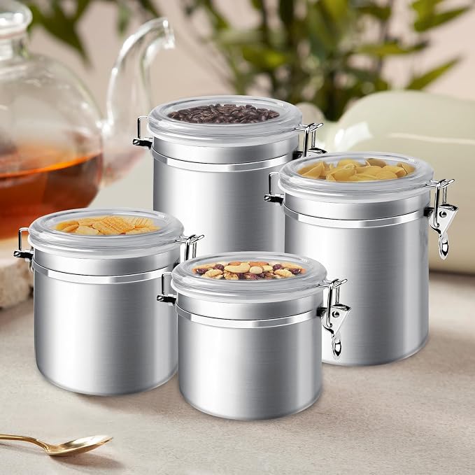 ENLOY 4-Piece Stainless Steel Airtight Food Storage Canister Set with Lid | Food-grade Stainless Steel Food Containers Set with Clear Lid for Sugar, Flour, Tea, Candy, Cookie, Spice, 28/32/38/65oz - Image 6