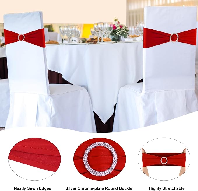 Red Chair Sashes 50 Pack Spandex Stretch Chair Band Sashes with Buckles for Folding Chairs Wedding Party Reception Baby Shower Events Banquet Decorations - Image 3