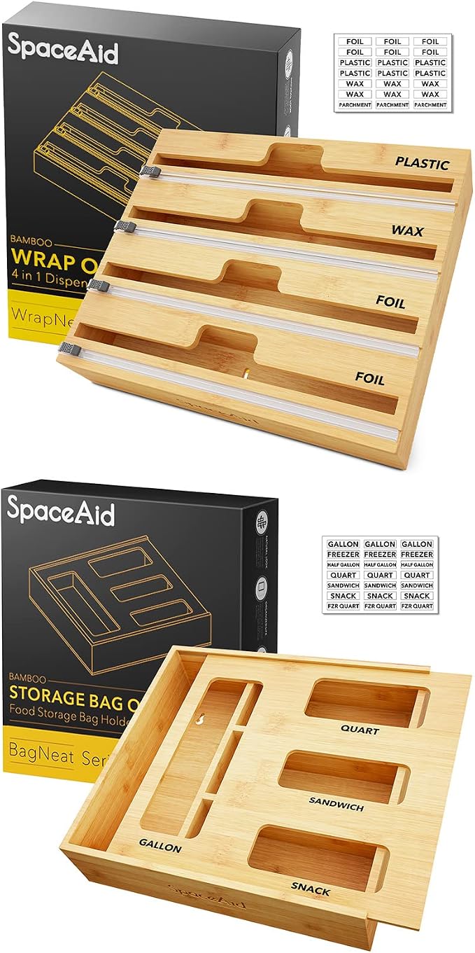 SpaceAid WrapNeat 4 in 1 Wrap Dispenser with Cutter and Labels, SpaceAid Bamboo Drawer Dividers with Inserts and Labels by SpaceAid