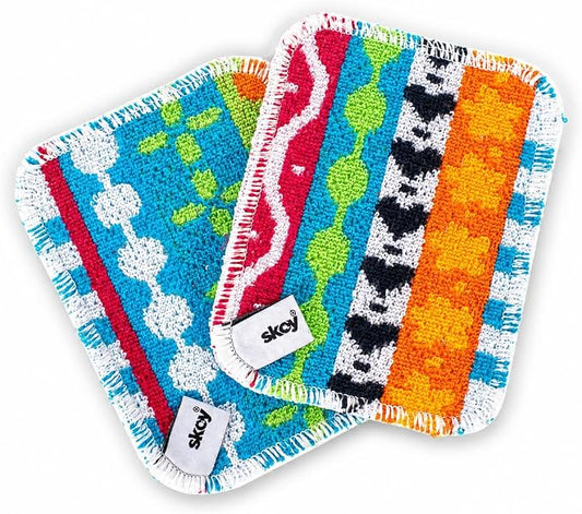 Skoy Scrub, 2-pack Reusable, Non-Scratching Dish Scrubber for Kitchen and Household Cleaning, Planet-Friendly, Dishwasher Safe Soft Scrub, Assorted Colors and Designs by Skoy