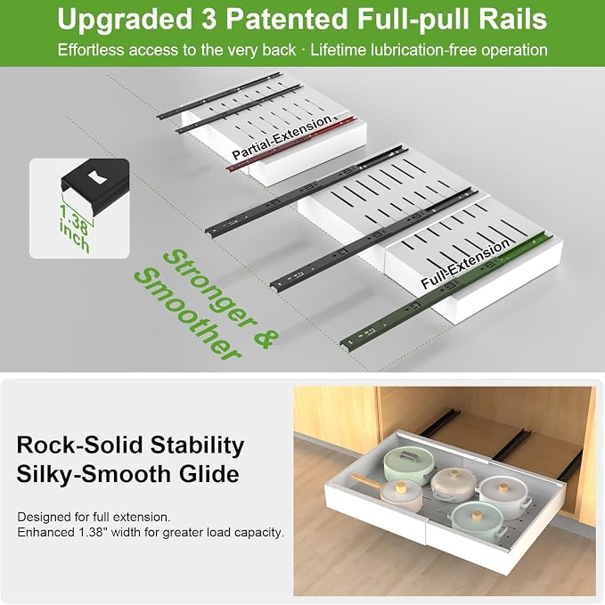ANTOWIN 1-Pack Expandable Pull Out Cabinet Organizer 21"Deep(12.2"-20.5"W), 3 Full Extension Glides Slide Out Drawers, Roll Out Shelves Adhesive Raising Pad,Compatible Framed Cabinets,90lb Cap,White - Image 4