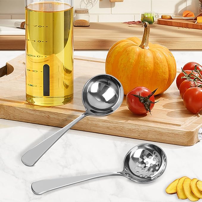 2 Pieces Slotted Spoon and Soup Ladle Stainless Steel Set, 20 cm Ladle Polished, Sauce Spoon, Slotted Spoon for Cooking, Stainless Steel, Dishwasher Safe, Ladle for Serving, Broth and Sauces - Image 3