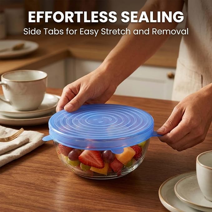 Silicone Stretch Lids 6 Pack Reusable Food Storage Covers, Green+Pink | 6 Reusable Silicone Stretch Lids • Flexible Fit • Food Storage • Microwave & Freezer Safe • Multi-Size Kitchen Covers - Image 2