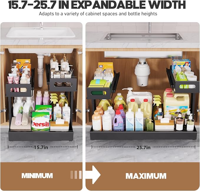 1 Pack-16"-26"W Expandable Under Sink Organizer With Upgrade Ball-Bearing Slide,2-Tier Pull Out Under Cabinet Organizer Height Adjustable,Not Suitable For Cabinets With Partitions In The Middle - Image 7