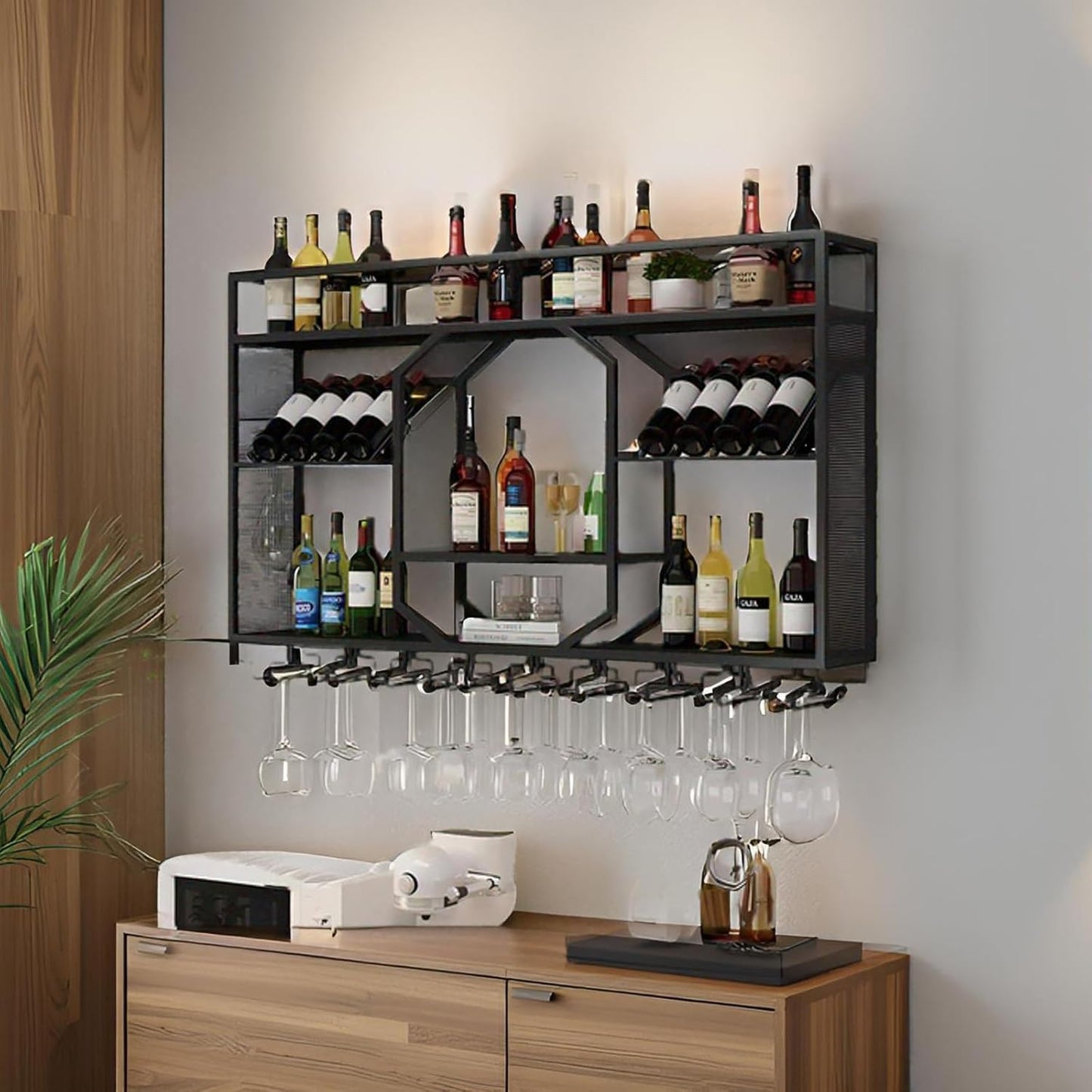 Wall Mounted Wine Rack, 3-Tiers Metal Bar Bottle Holder, Modern Wine Glass Storage Display Shelves, Wall Wine Rack for Kitchen Bar Dining Rooms Decoration ﻿ (Gold, 63in/160cm)