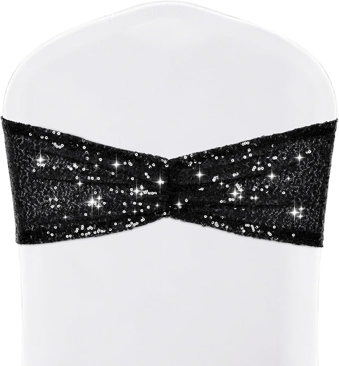 SquarePie Pack of 50 Sequin Chair Sashes Glitter Black Bows Bands for Wedding Banquet Party Decor by SquarePie