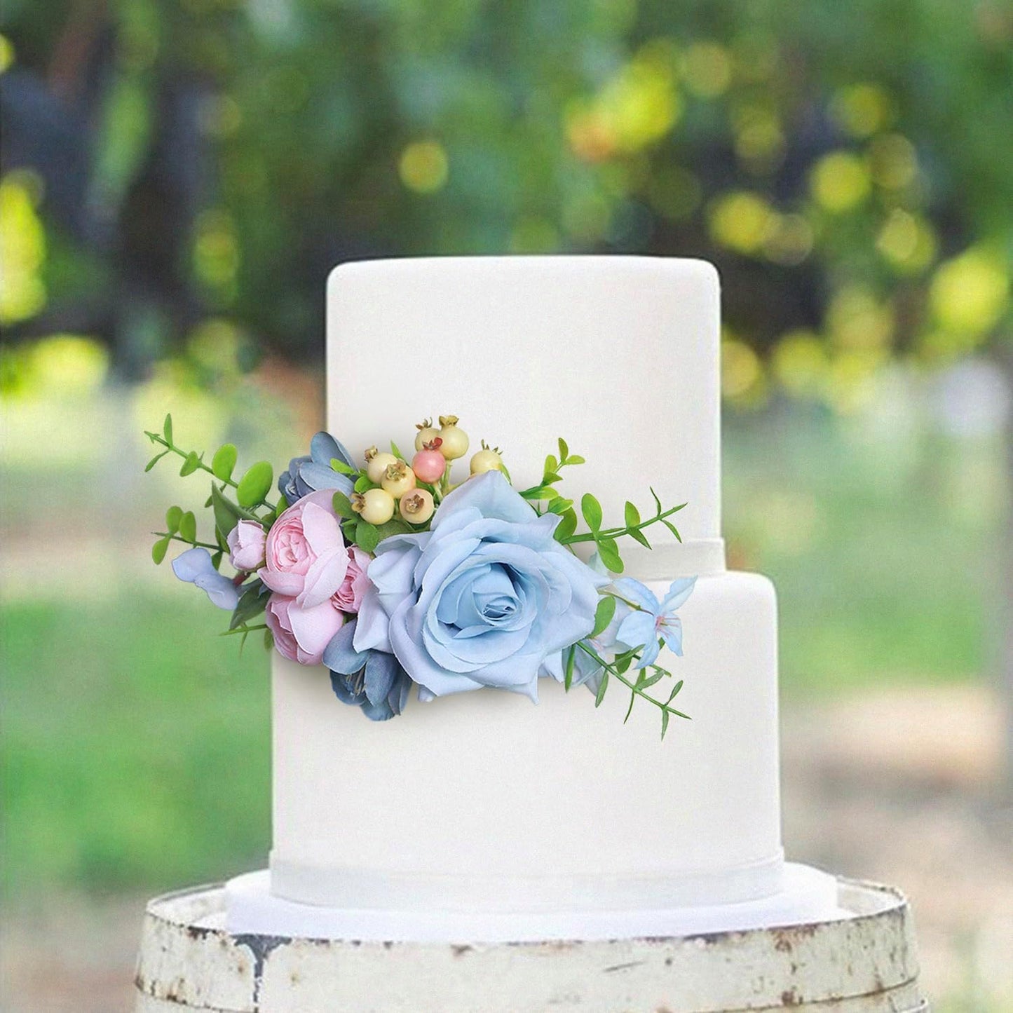 Rinlong 3Pcs Baby Blue Pink Cake Topper Pre-made Cake Decorations Pastel Blush Wedding Cake Decorating Flowers Cake Decor for Baptism Girl Women Birthday Party