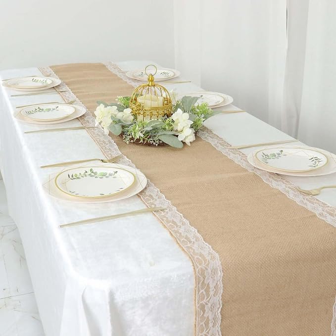 Efavormart 14"X104" Natural Jute Burlap Table Runner with White Lace Trim Edges, Boho Chic Rustic Decor - Image 8