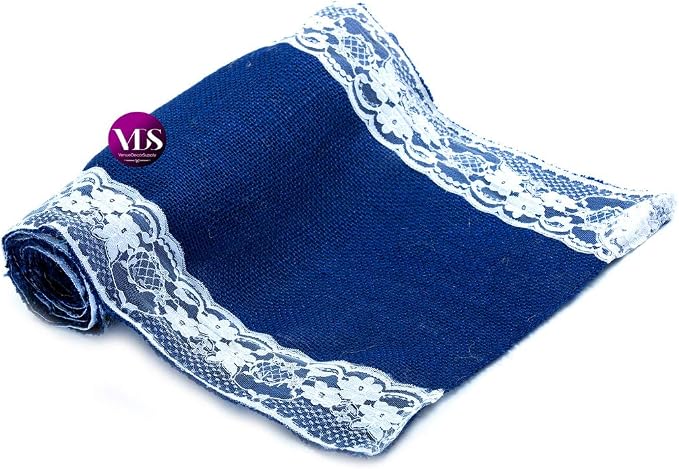 VDS Pack of 15, Burlap Table Runner with White Lace Edge, 100% Natural Jute Rustic Hessian Table Cloth Centerpiece for Wedding Birthday Party Banquet Table Decoration (Size 12X108 Inch)(Royal Blue) - Image 3