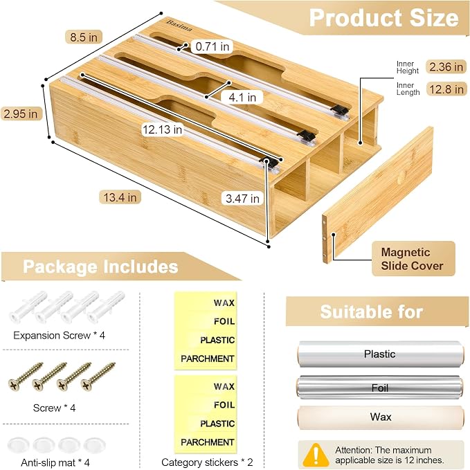 Foil and Plastic Wrap Organizer, Basima Bamboo Plastic Saran Wrap Dispenser with Cutter, 3 in 1 Aluminum Foil, Parchment and Wax Paper, Organization and Storage for Kitchen Drawer for 12" Roll - Image 3
