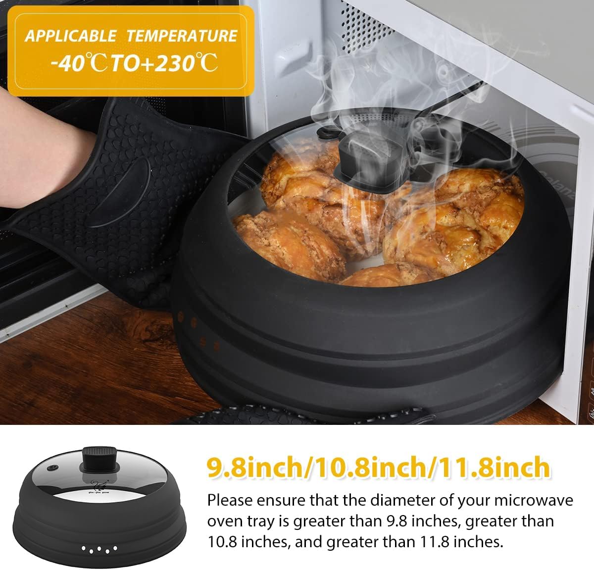 Microwave Splatter Cover Glass Cover Guard Lid with Collapsible Silicone for Food Pot Plate Cover 10.8 inch Black
