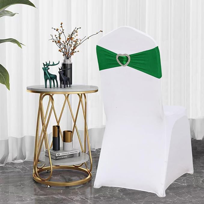 Emerald Green Chair Sashes 25 Pack Spandex Dark Green Sashes for Chairs Covers Universal Stretch Chair Sashes Band with Heart Buckle Slider for Wedding Banquet Party Decorations - Image 4