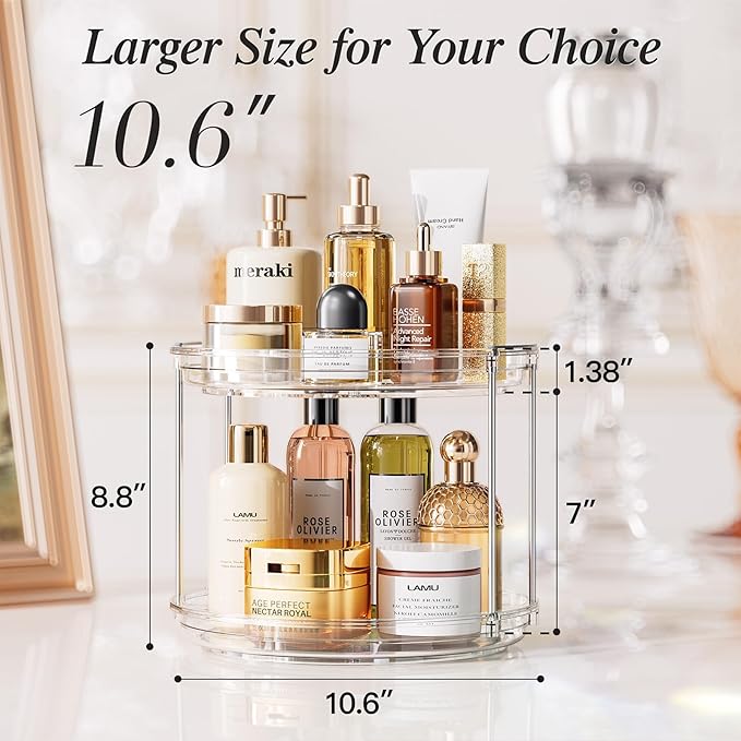 LAMU Rotating Makeup Organizer for Vanity, 10.6in 2 Tier Lazy Susan Turntable Stackable Spinning Skincare Organizer Cosmetic Perfume Tray Display for Bathroom Counterop, Large Capacity, Clear - Image 3