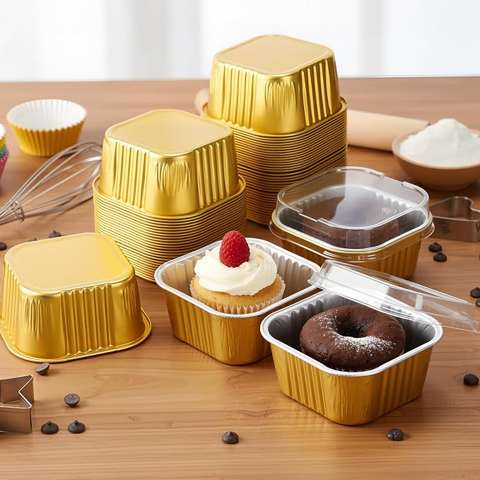 100 Pcs 14 oz Mini Cake Pans with Lids Square Aluminum Pans Aluminum Foil Baking Cups 4" x 4" Muffin Large Cupcake Cups Baking Tins for Party Bakery Kitchen Brownie Desserts(Gold) - Image 7