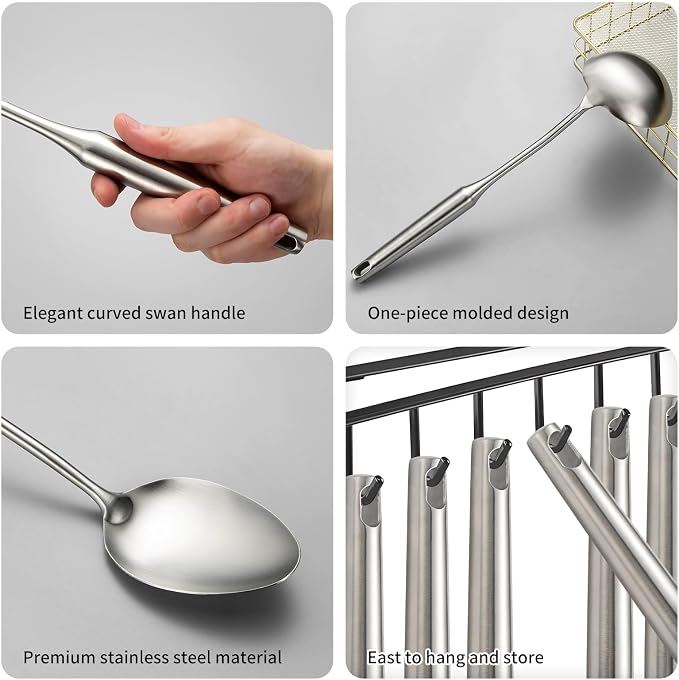 304 Stainless Steel Cooking Utensil,Kitchen Kitchen Utensil with Spatula, Solid Spoon, Ladle, Skimmer, Spaghetti Spoon, 6 Piece Set, Dishwasher Safe - Image 4