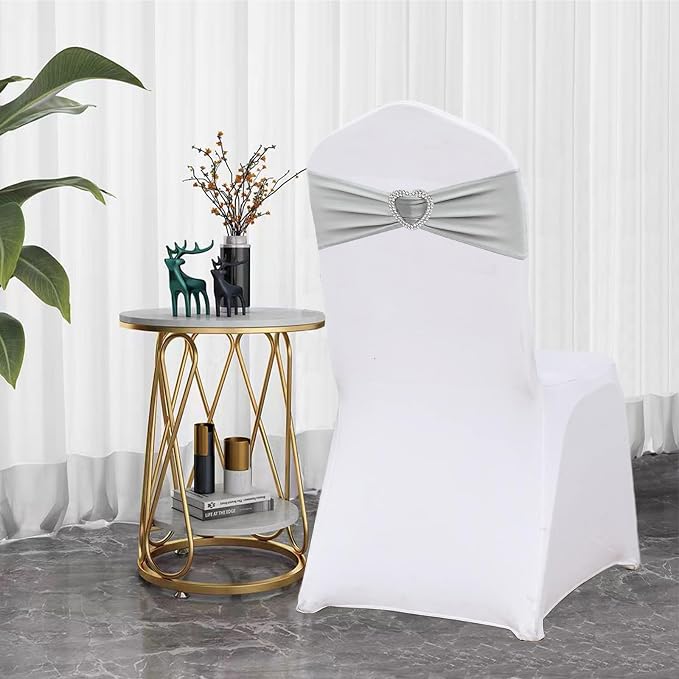 Silver Grey Chair Sashes 50 Pack Spandex Grey Sashes for Chairs Covers Universal Stretch Chair Sashes Band with Heart Buckle Slider for Wedding Banquet Party Decorations - Image 3