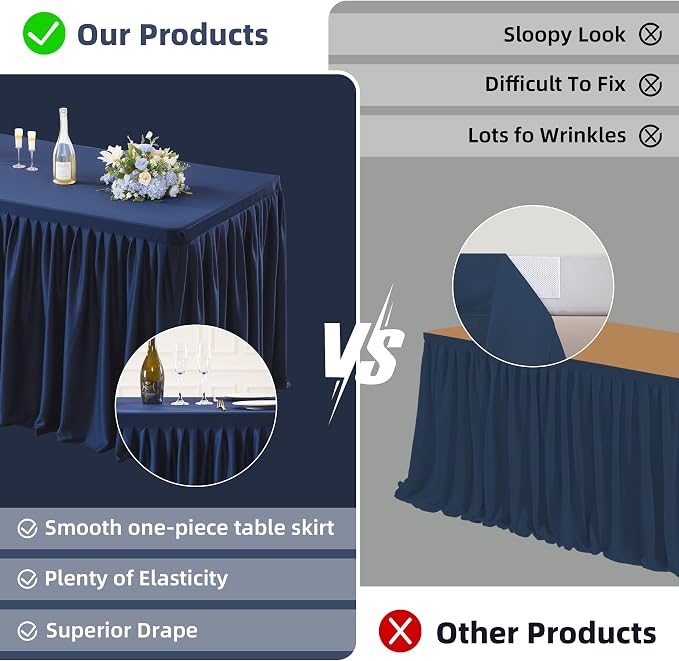1 Pack Navy Blue Tablecloths for Rectangle Tables 4ft, Wrinkle Resistant Navy Blue Tablecover Fitted Stretch Table Cloth with Pleated Ruffle Table Skirts for Party Banquet Dining Birthday Wedding - Image 3