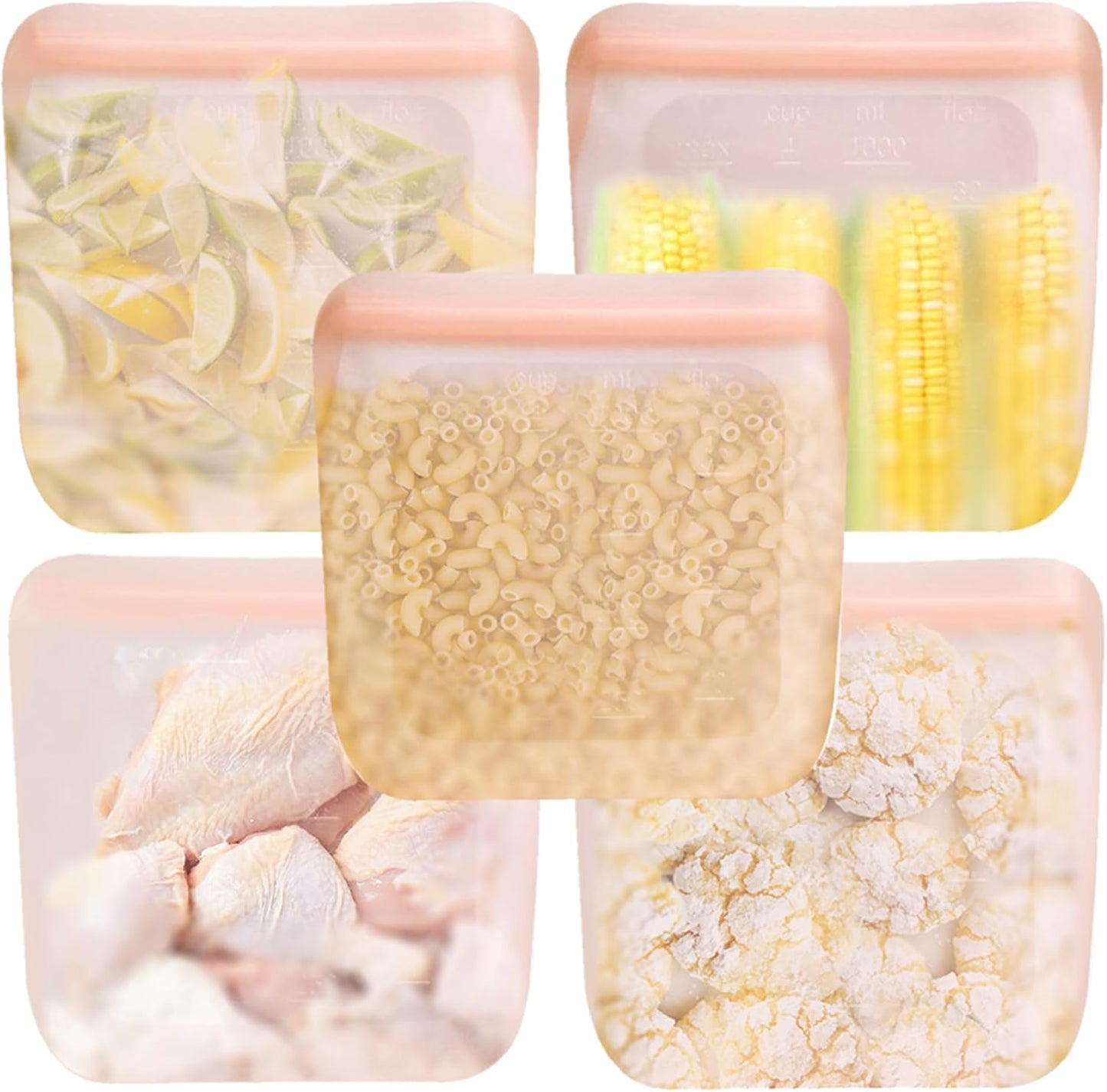 purifyou Set of 5 Reusable Silicone Storage Snack Bags 6oz / 16oz / 32oz / 64oz Self-Seal Food Storage Container for Fruits, Vegetables, Sandwiches, Dishwasher Safe & Leak-free (CloudPink, 32oz)