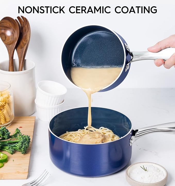 MICHELANGELO 3 Quart Saucepan with Lid, Nonstick Ceramic Sauce Pan with Stainless Steel Handle, 3 Qt Saucepan with Lid Induction Compatible, Oven Safe, Blue - Image 2