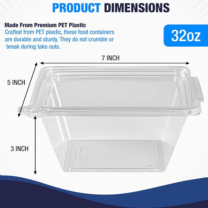 Tamper-Resistant Clear Hinged Containers with Flat Lid – Disposable Plastic Clamshell Takeout Boxes for Food, Salad, Dessert, Sandwich, Leak-Proof & Stackable – BPA-Free (100, Clear, 32 oz) - Image 4
