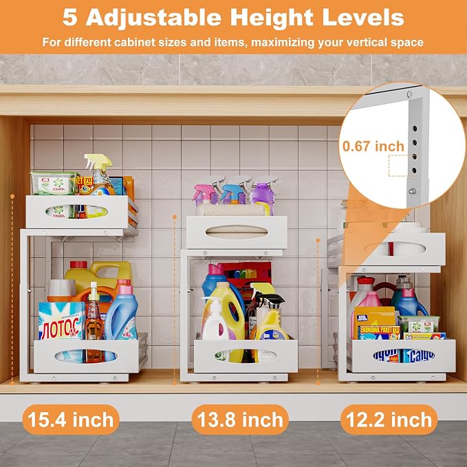 Under Sink Organizer, 2 Tier Under Sink Organizers and Storage, Adjustable Height, Slide out Metal Cabinet Organizers, Pull out Cabinet Storage Drawer Shelf for Kitchen Bathroom (White, 1 Pack) - Image 5