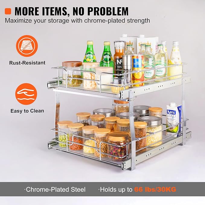 VEVOR 2 Tier 17"Wx21.2"Dx15.2"H Pull Out Cabinet Organizer, Heavy Duty Slide Out Pantry Shelves, Steel Roll Out Drawers, Sliding Drawer Storage for Home, 18.5"Wx22.5"Dx19"H Install Size for Cabinet - Image 4